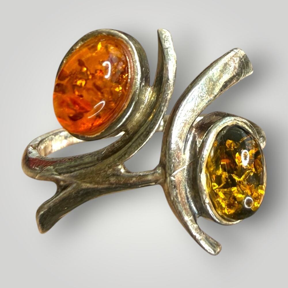 Vintage Sterling Silver Baltic Amber Modernist Bypass Ring Size 8
